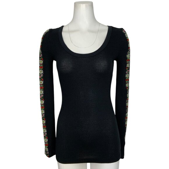 Free People Floral Embroidered Thermal Tee Shirt Top S Black Long Sleeve Boho - Picture 1 of 12